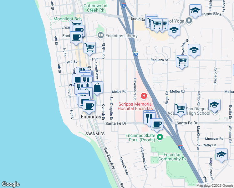 map of restaurants, bars, coffee shops, grocery stores, and more near 1010 Arden Drive in Encinitas