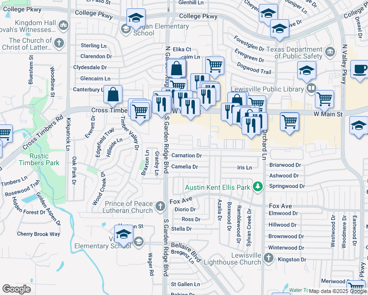 map of restaurants, bars, coffee shops, grocery stores, and more near 1514 Barbara Drive in Lewisville