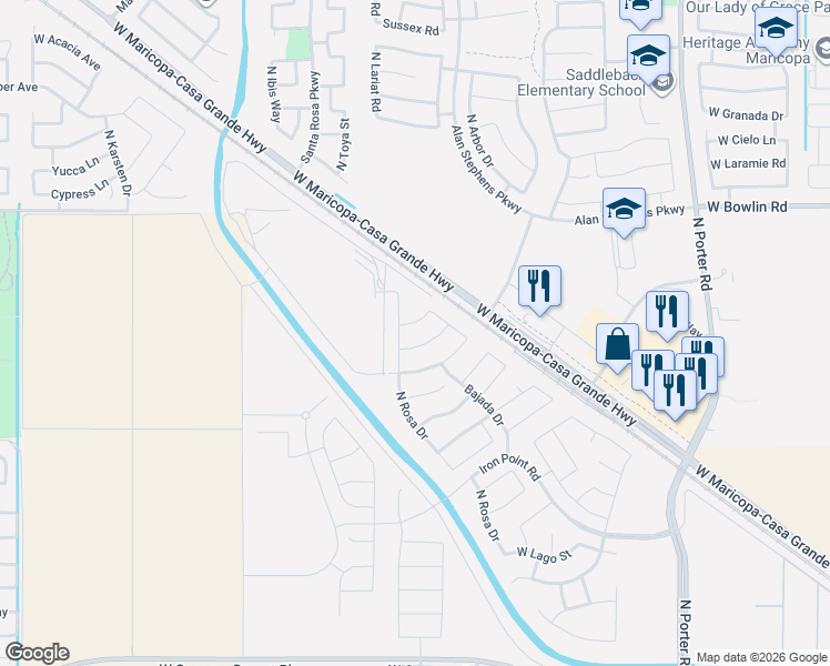 map of restaurants, bars, coffee shops, grocery stores, and more near 42515 West Paseo Drive in Maricopa
