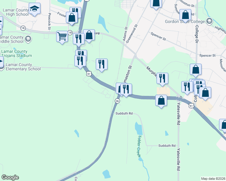 map of restaurants, bars, coffee shops, grocery stores, and more near 361 Georgia 36 in Barnesville