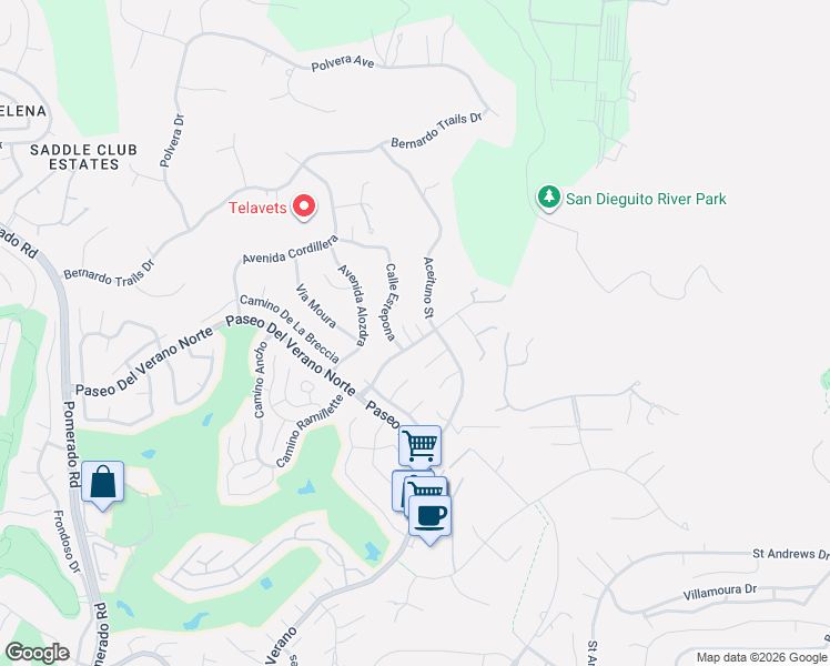 map of restaurants, bars, coffee shops, grocery stores, and more near 13338 Corte De Chucena in San Diego