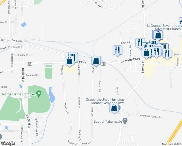 map of restaurants, bars, coffee shops, grocery stores, and more near 112 Pine Circle in LaGrange