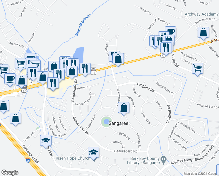 map of restaurants, bars, coffee shops, grocery stores, and more near 109 Chestnut Court in Summerville