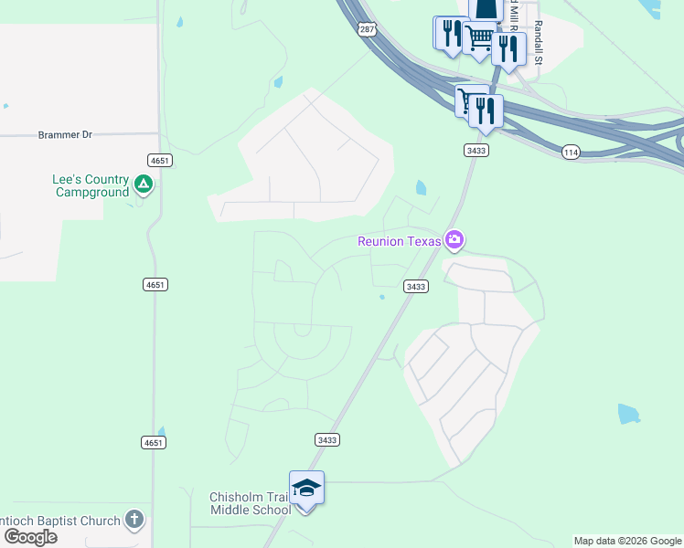 map of restaurants, bars, coffee shops, grocery stores, and more near Farm to Market Road 3433 in Rhome