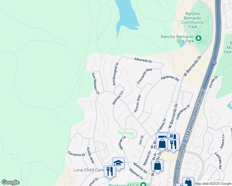 map of restaurants, bars, coffee shops, grocery stores, and more near 18103 Smokesignal Drive in San Diego