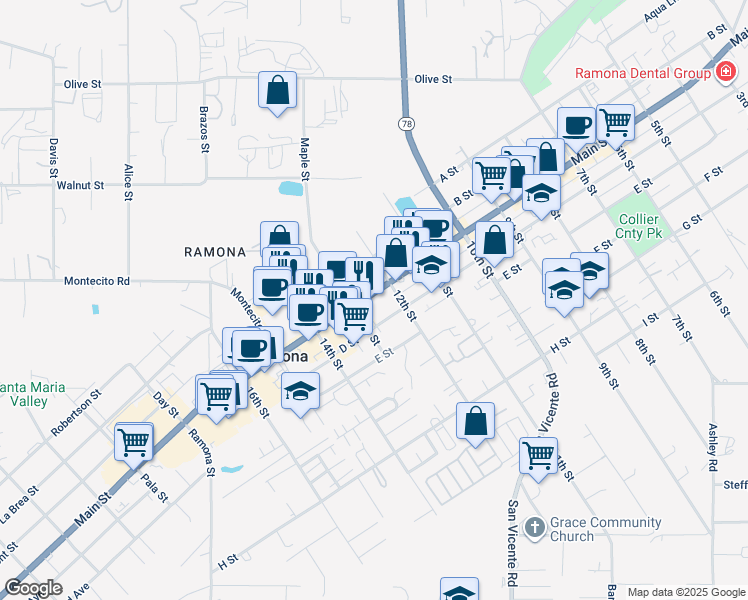map of restaurants, bars, coffee shops, grocery stores, and more near 1239 D Street in Ramona