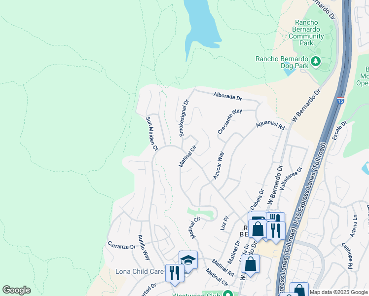 map of restaurants, bars, coffee shops, grocery stores, and more near 18103 Smokesignal Drive in San Diego