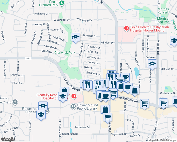 map of restaurants, bars, coffee shops, grocery stores, and more near 2829 Edinburg Lane in Flower Mound