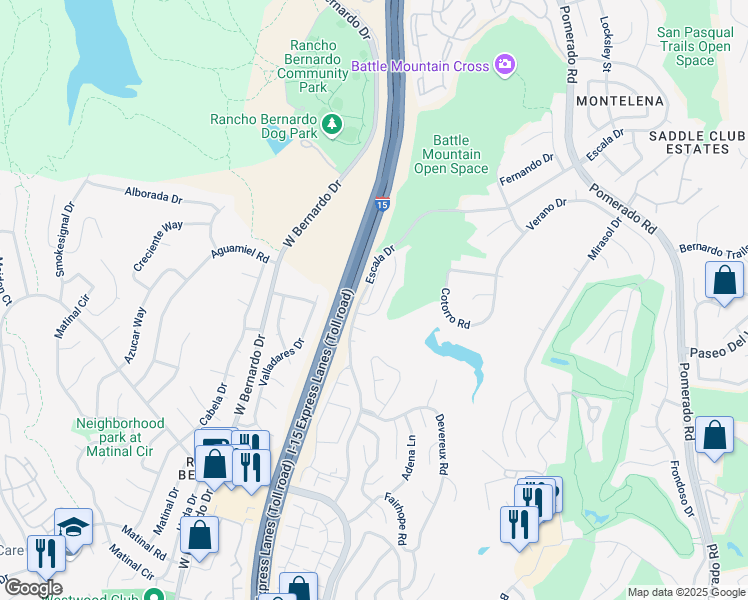 map of restaurants, bars, coffee shops, grocery stores, and more near 18117 Chretien Court in San Diego
