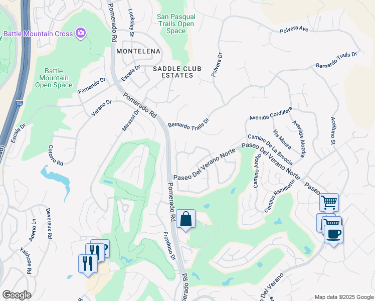 map of restaurants, bars, coffee shops, grocery stores, and more near 12634 Senda Acantilada in San Diego