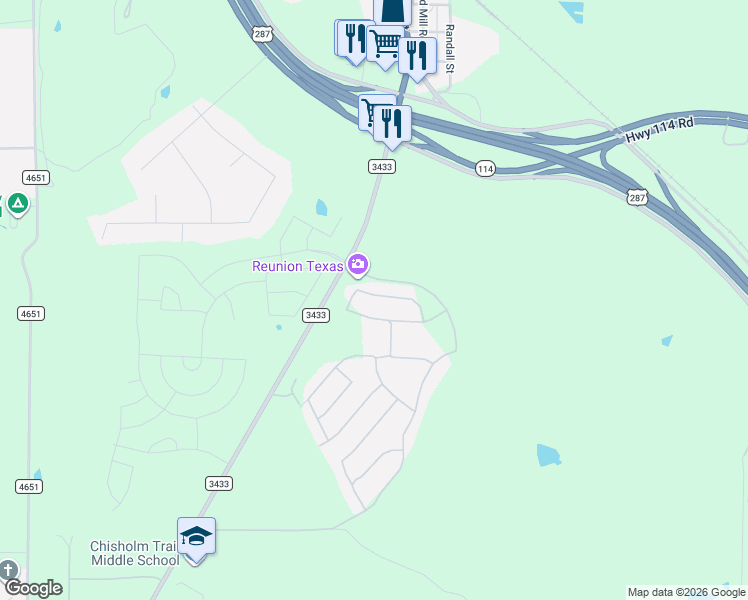map of restaurants, bars, coffee shops, grocery stores, and more near Farm to Market Road 3433 in Rhome