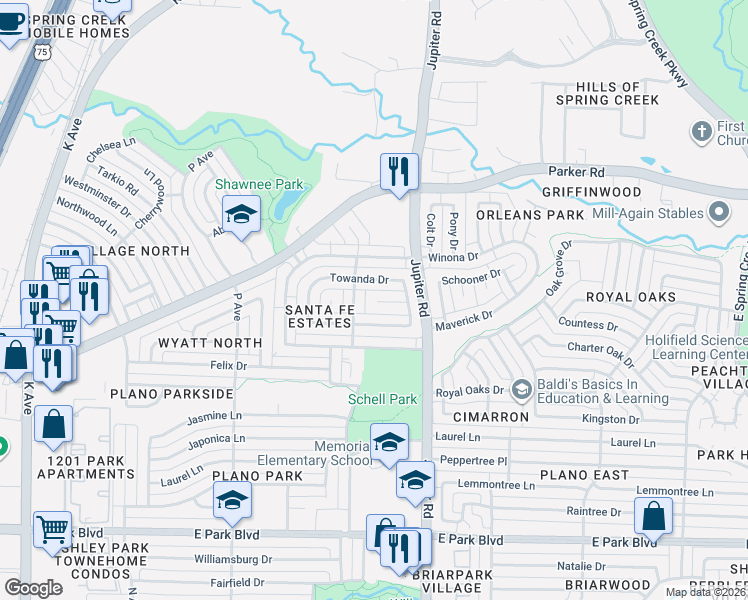 map of restaurants, bars, coffee shops, grocery stores, and more near 2113 Covered Wagon Drive in Plano