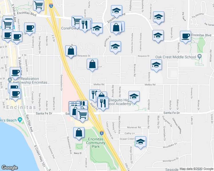 map of restaurants, bars, coffee shops, grocery stores, and more near 1045 Gardena Road in Encinitas
