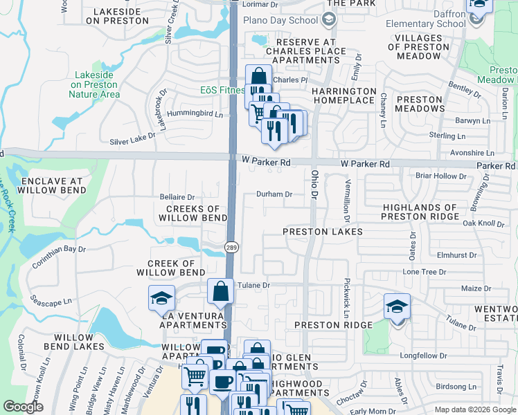 map of restaurants, bars, coffee shops, grocery stores, and more near 3000 Deansbrook Drive in Plano