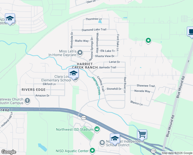 map of restaurants, bars, coffee shops, grocery stores, and more near 16325 Cowboy Trail in Justin