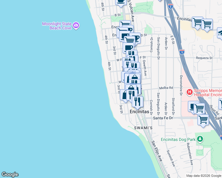 map of restaurants, bars, coffee shops, grocery stores, and more near 393 West I Street in Encinitas