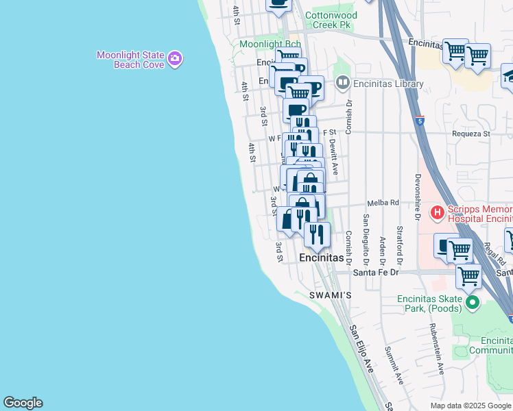 map of restaurants, bars, coffee shops, grocery stores, and more near 940 Sealane Drive in Encinitas