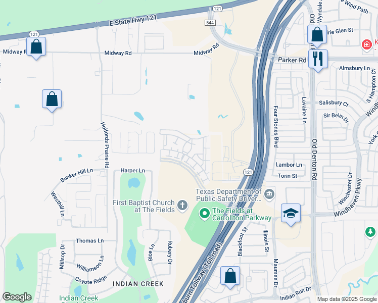 map of restaurants, bars, coffee shops, grocery stores, and more near 4534 Carrollton Parkway in Carrollton