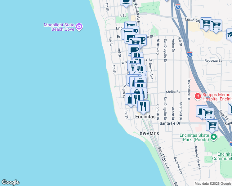 map of restaurants, bars, coffee shops, grocery stores, and more near 940 Sealane Drive in Encinitas
