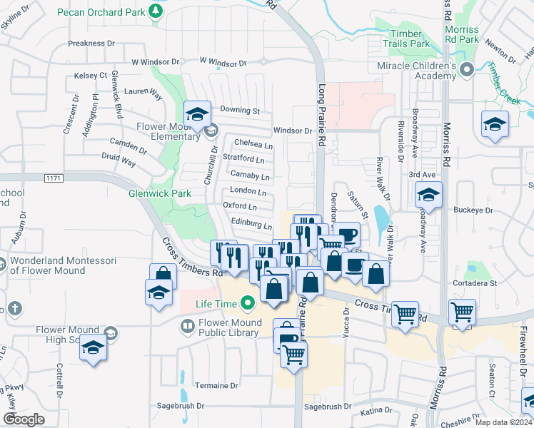 map of restaurants, bars, coffee shops, grocery stores, and more near 2805 Oxford Lane in Lewisville