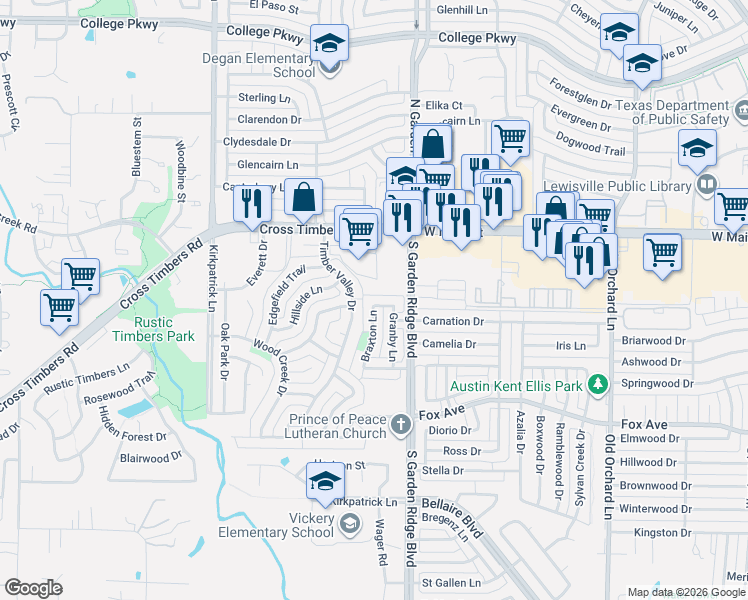 map of restaurants, bars, coffee shops, grocery stores, and more near 624 Andover Lane in Flower Mound