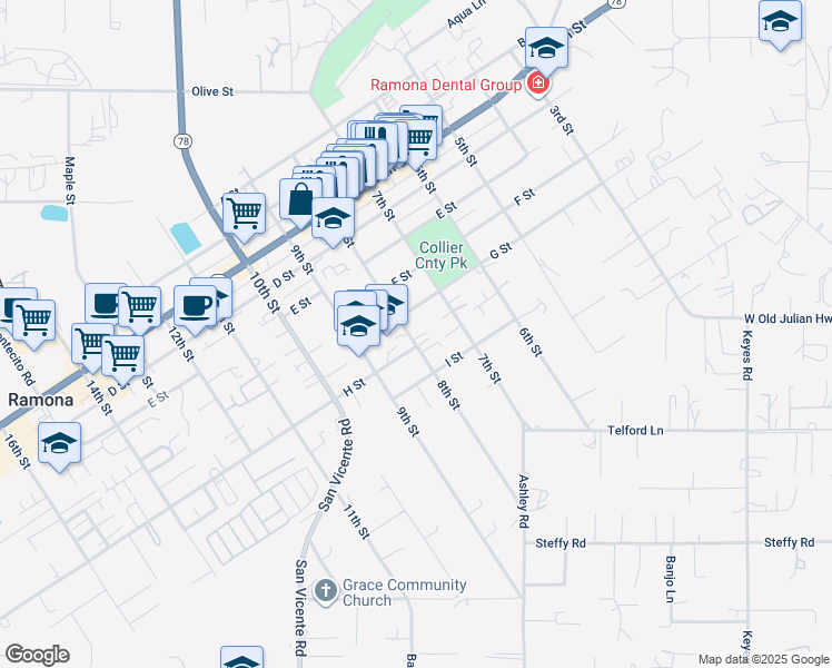 map of restaurants, bars, coffee shops, grocery stores, and more near 722 8th Street in Ramona