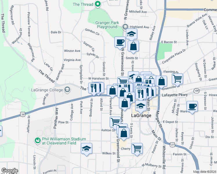 map of restaurants, bars, coffee shops, grocery stores, and more near 417 West Haralson Street in LaGrange