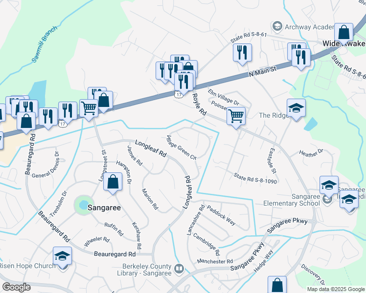 map of restaurants, bars, coffee shops, grocery stores, and more near 211 Village Green Circle in Summerville