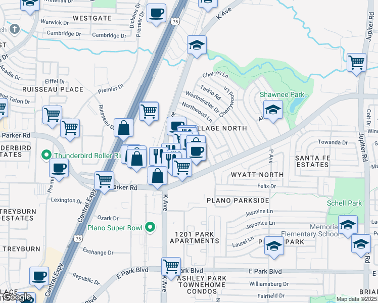 map of restaurants, bars, coffee shops, grocery stores, and more near 3320 K Avenue in Plano