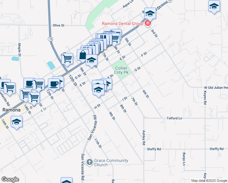 map of restaurants, bars, coffee shops, grocery stores, and more near 722 8th Street in Ramona