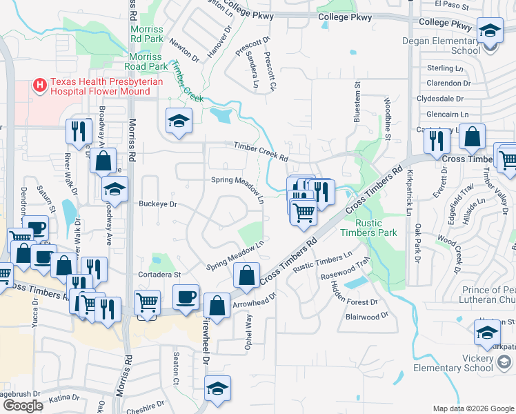 map of restaurants, bars, coffee shops, grocery stores, and more near 4103 Spring Meadow Lane in Lewisville