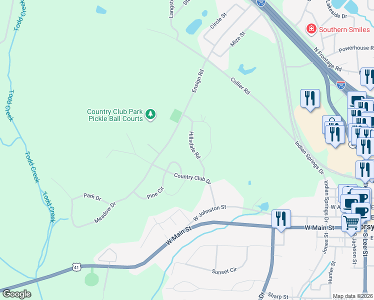 map of restaurants, bars, coffee shops, grocery stores, and more near 101 Hillsdale Road in Forsyth