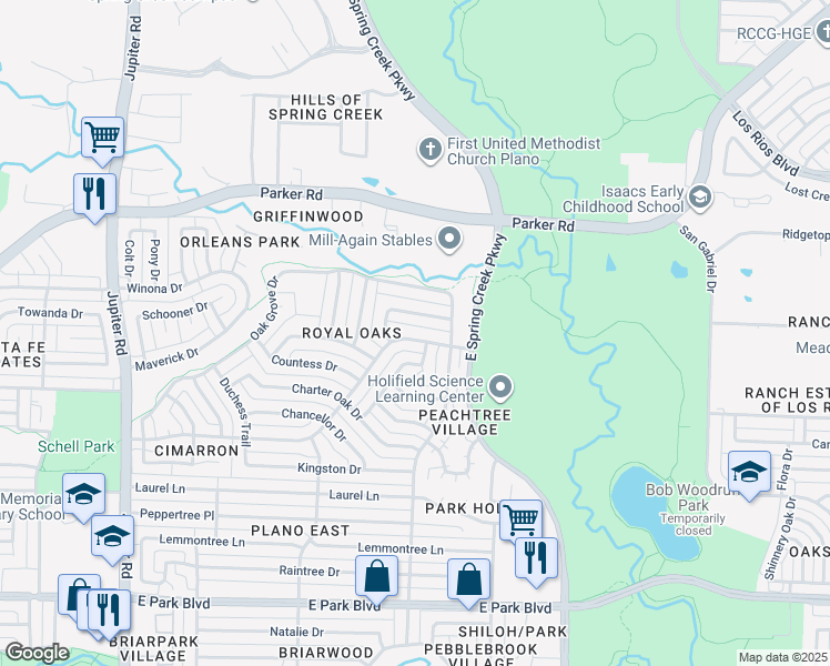 map of restaurants, bars, coffee shops, grocery stores, and more near 3113 Princess Lane in Plano
