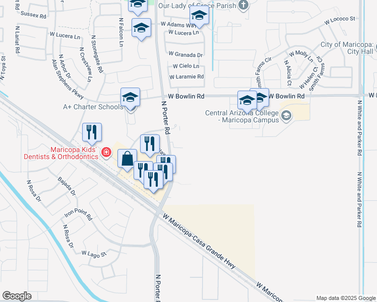 map of restaurants, bars, coffee shops, grocery stores, and more near Alica Ct in Maricopa