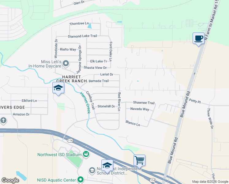 map of restaurants, bars, coffee shops, grocery stores, and more near 1953 Copper Mountain Drive in Justin
