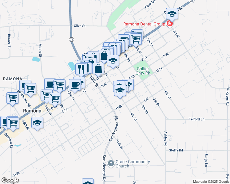 map of restaurants, bars, coffee shops, grocery stores, and more near 611 9th Street in Ramona