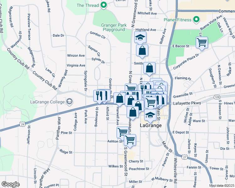 map of restaurants, bars, coffee shops, grocery stores, and more near 310 Broad Street in LaGrange