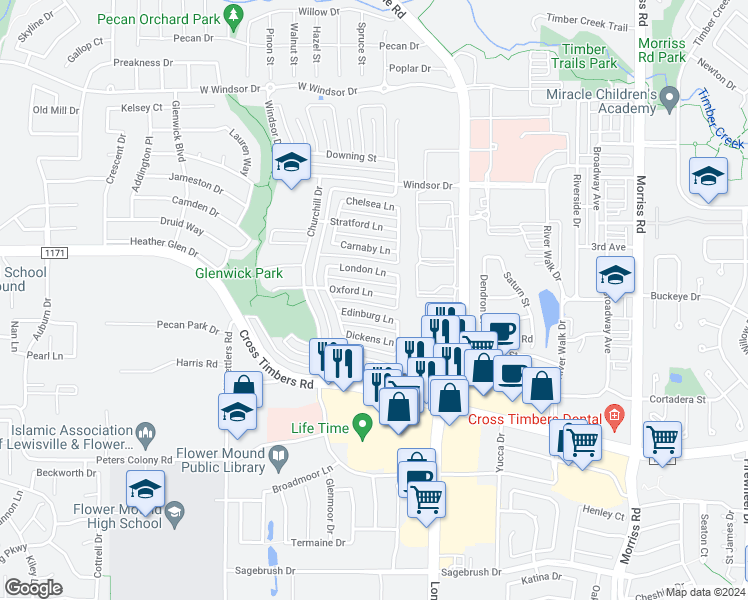 map of restaurants, bars, coffee shops, grocery stores, and more near 2817 Oxford Lane in Flower Mound