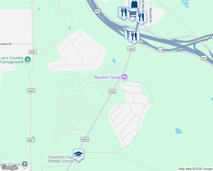 map of restaurants, bars, coffee shops, grocery stores, and more near Farm to Market Road 3433 in Rhome