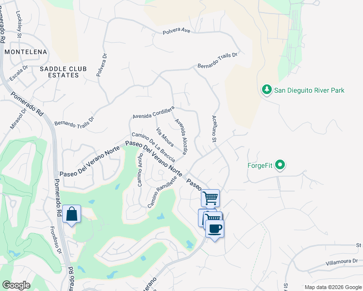 map of restaurants, bars, coffee shops, grocery stores, and more near 12883 Via Moura in San Diego