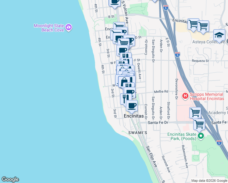map of restaurants, bars, coffee shops, grocery stores, and more near 906 3rd Street in Encinitas
