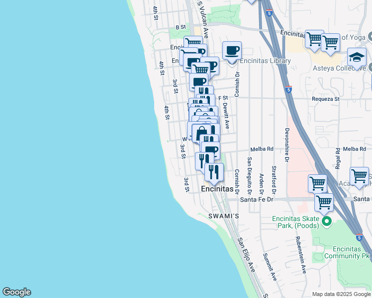 map of restaurants, bars, coffee shops, grocery stores, and more near 901 2nd Street in Encinitas