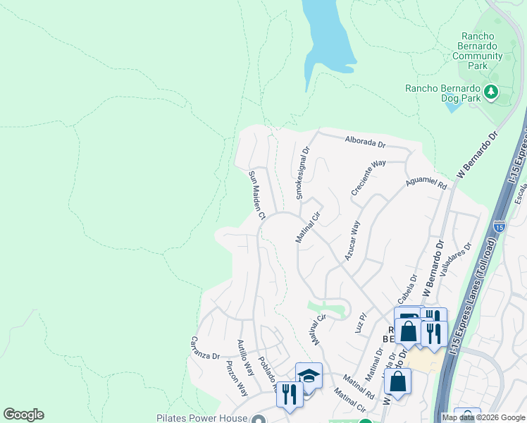 map of restaurants, bars, coffee shops, grocery stores, and more near 18113 Sun Maiden Court in San Diego