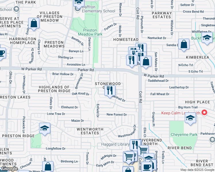 map of restaurants, bars, coffee shops, grocery stores, and more near 4205 Barnsley Drive in Plano