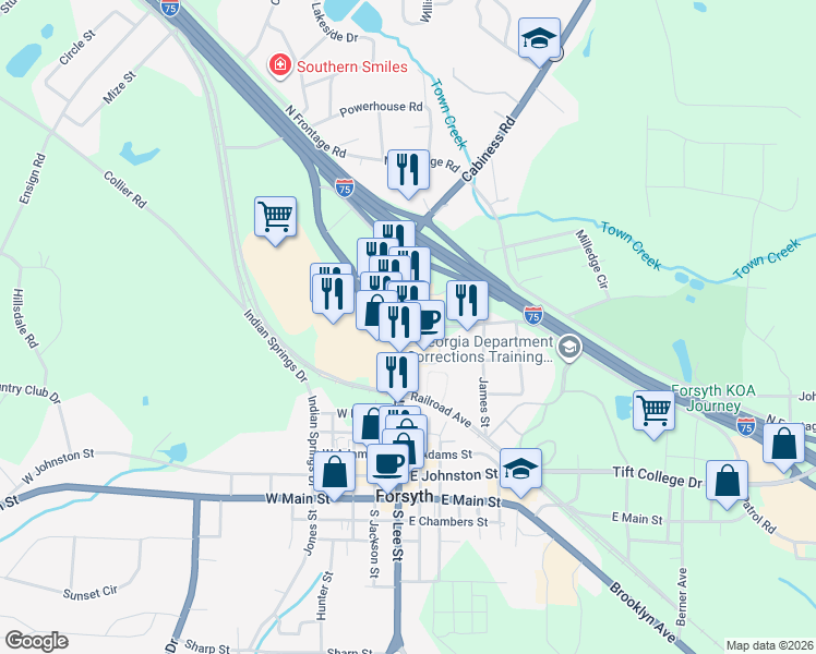 map of restaurants, bars, coffee shops, grocery stores, and more near 270 North Lee Street in Forsyth