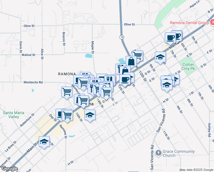 map of restaurants, bars, coffee shops, grocery stores, and more near 1275 Main Street in Ramona