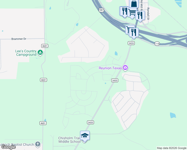 map of restaurants, bars, coffee shops, grocery stores, and more near 1112 Mount Lane in Rhome