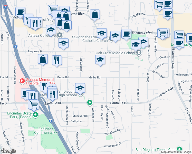 map of restaurants, bars, coffee shops, grocery stores, and more near 910 Melba Road in Encinitas