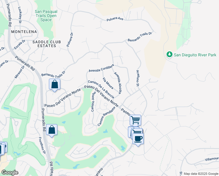 map of restaurants, bars, coffee shops, grocery stores, and more near 12808 Via Moura in San Diego