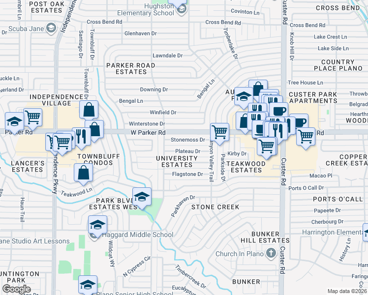 map of restaurants, bars, coffee shops, grocery stores, and more near 2521 Stonemoss Drive in Plano
